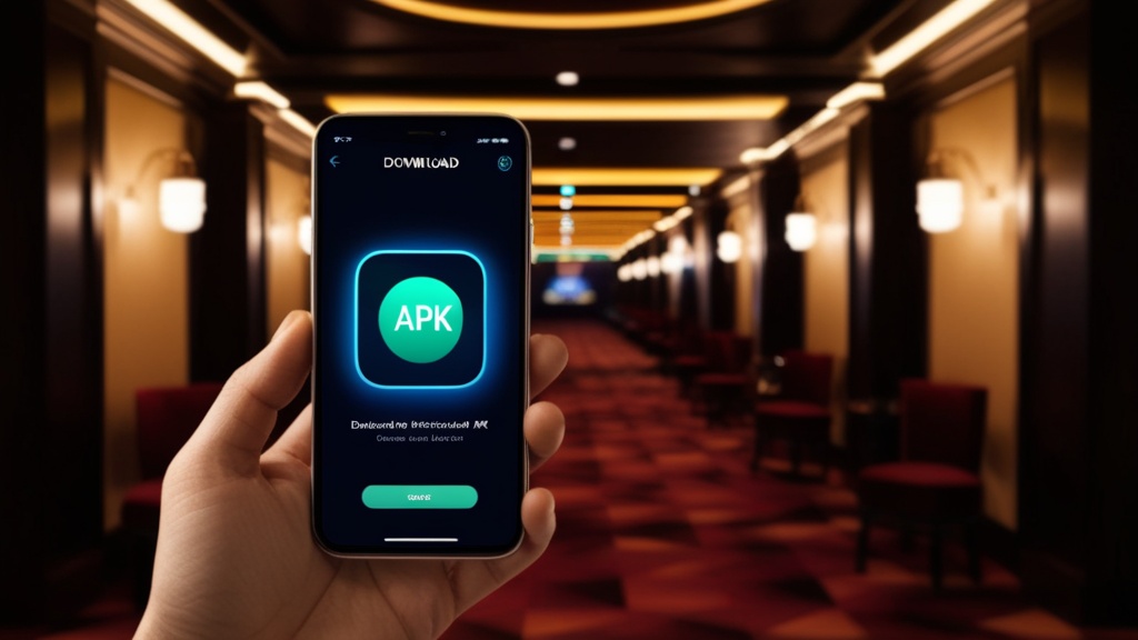 هاتف يعرض تنزيل التطبيق وملف APK داخل أجواء كازينو داكنة